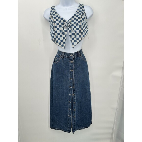 Vtg Jean Skirt Western Boho Denim Button Fron Peasant Modest Maxi Plus 6 w - Picture 1 of 13